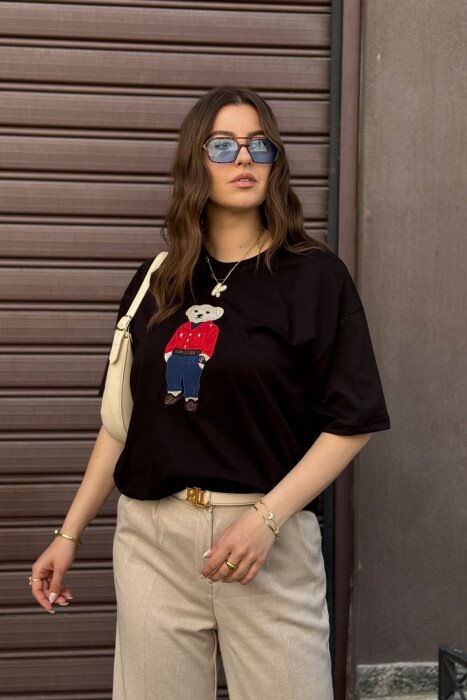 KNITTED BEAR IMAGE WOMEN T-SHIRT BLACK/ E ZEZE - 3