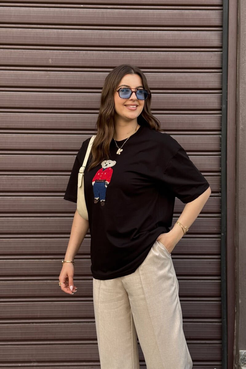 KNITTED BEAR IMAGE WOMEN T-SHIRT BLACK/ E ZEZE - 4