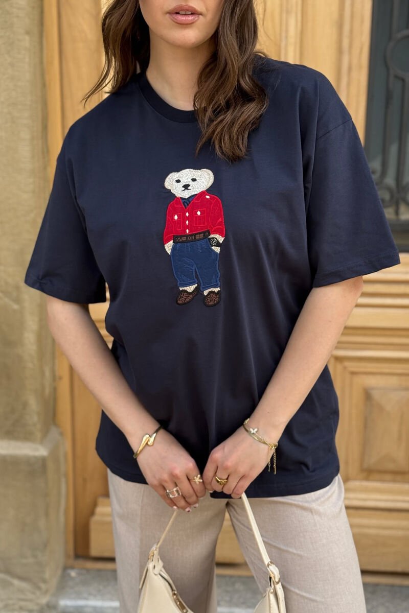 KNITTED BEAR IMAGE WOMEN T-SHIRT DARK BLUE/BEE - 2