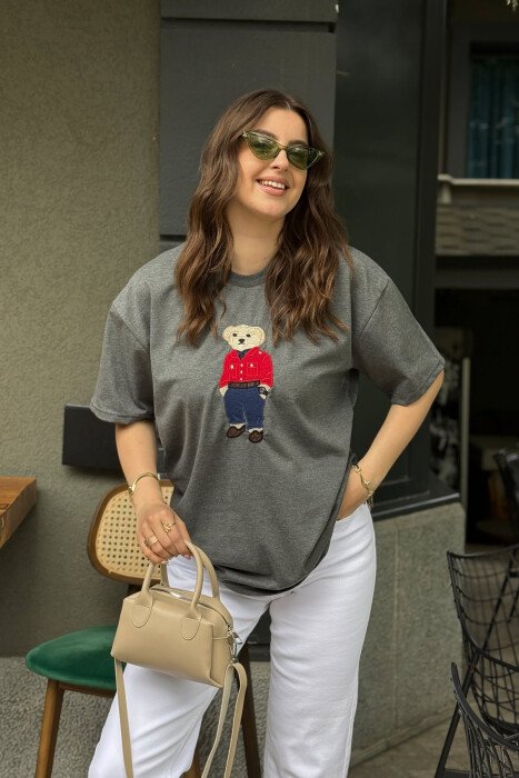 KNITTED BEAR IMAGE WOMEN T-SHIRT DARK GREY/GEE - 1