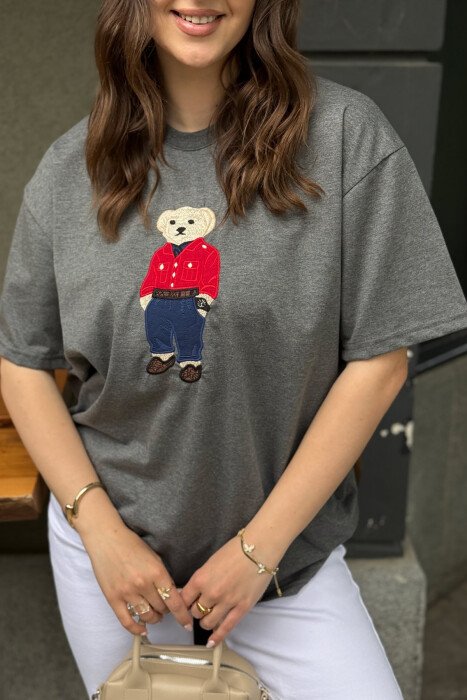 KNITTED BEAR IMAGE WOMEN T-SHIRT DARK GREY/GEE - 3
