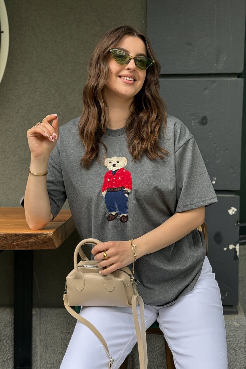 KNITTED BEAR IMAGE WOMEN T-SHIRT DARK GREY/GEE - 4