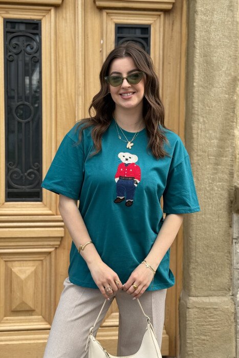 KNITTED BEAR IMAGE WOMEN T-SHIRT GREEN/JESHILE - 1