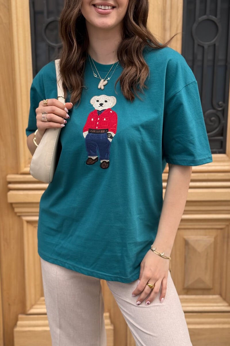 KNITTED BEAR IMAGE WOMEN T-SHIRT GREEN/JESHILE - 2