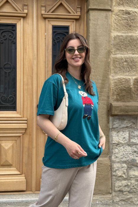 KNITTED BEAR IMAGE WOMEN T-SHIRT GREEN/JESHILE - 3