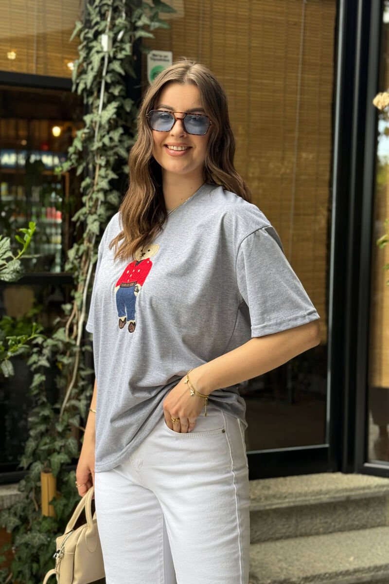 KNITTED BEAR IMAGE WOMEN T-SHIRT GREY/GRI - 3