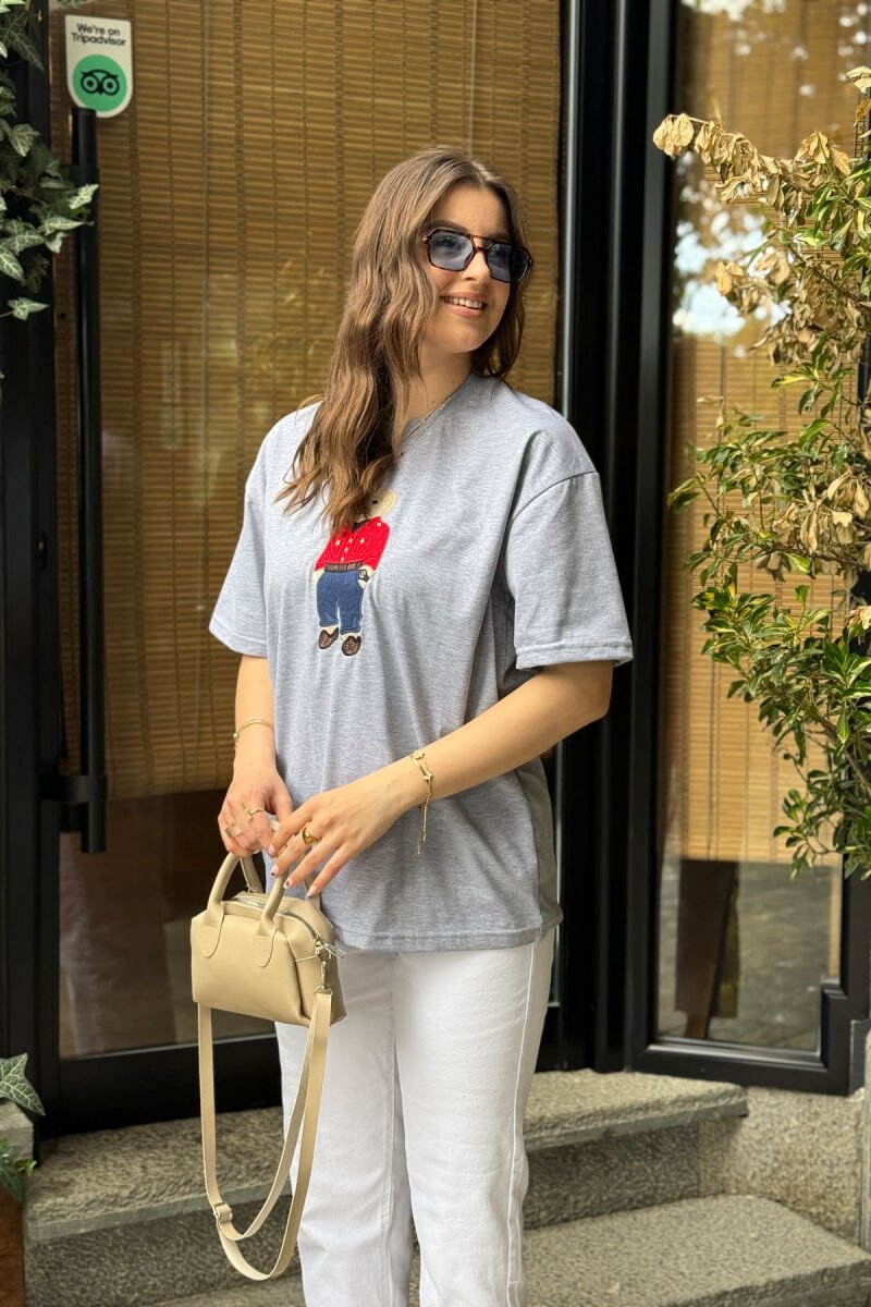 KNITTED BEAR IMAGE WOMEN T-SHIRT GREY/GRI - 4