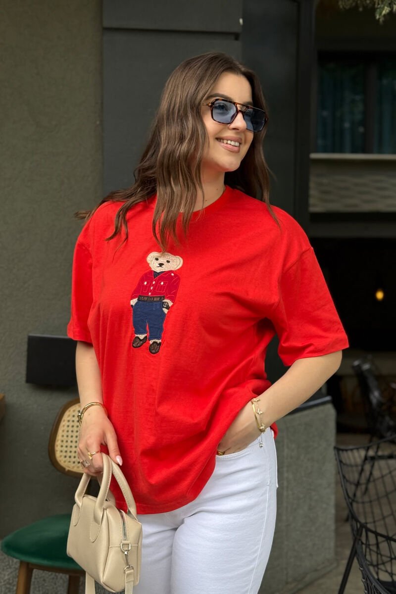 KNITTED BEAR IMAGE WOMEN T-SHIRT ORANGE/PORTOKALLI - 1