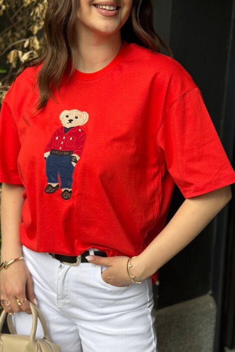 KNITTED BEAR IMAGE WOMEN T-SHIRT ORANGE/PORTOKALLI - 4