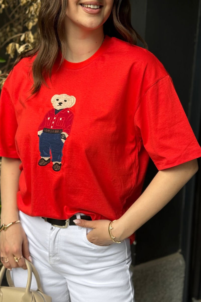 KNITTED BEAR IMAGE WOMEN T-SHIRT ORANGE/PORTOKALLI - 4