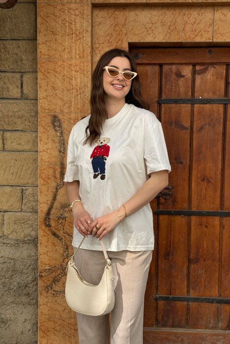 KNITTED BEAR IMAGE WOMEN T-SHIRT WHITE-E BARDHE 