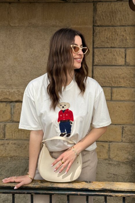 KNITTED BEAR IMAGE WOMEN T-SHIRT WHITE-E BARDHE - 5