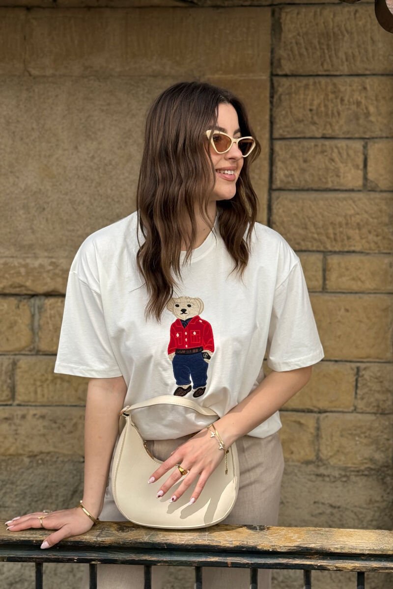 KNITTED BEAR IMAGE WOMEN T-SHIRT WHITE-E BARDHE - 5