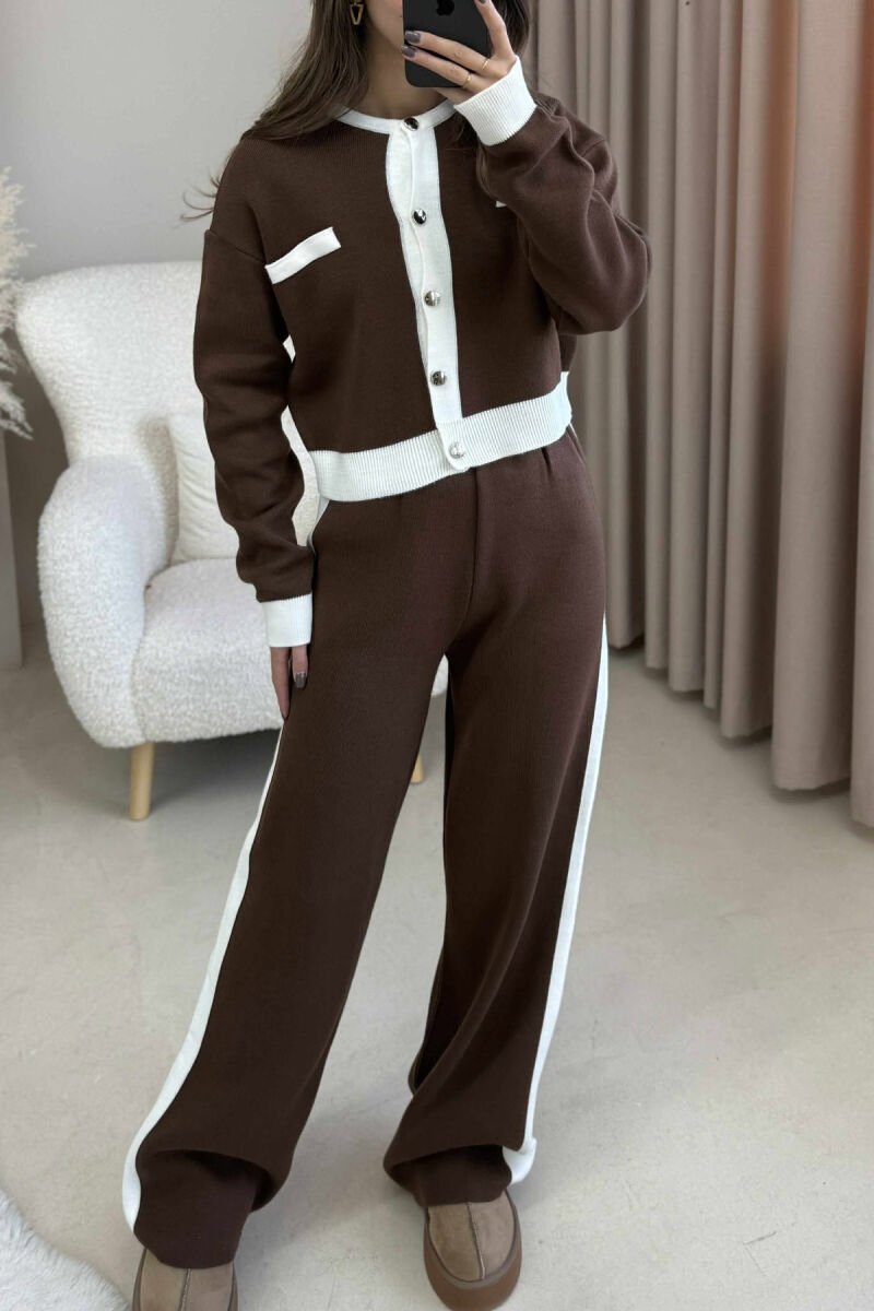 KNITTED BUTTONED CARDIGAN+TROUSERS WOMEN SET BROWN/KAFE - 3
