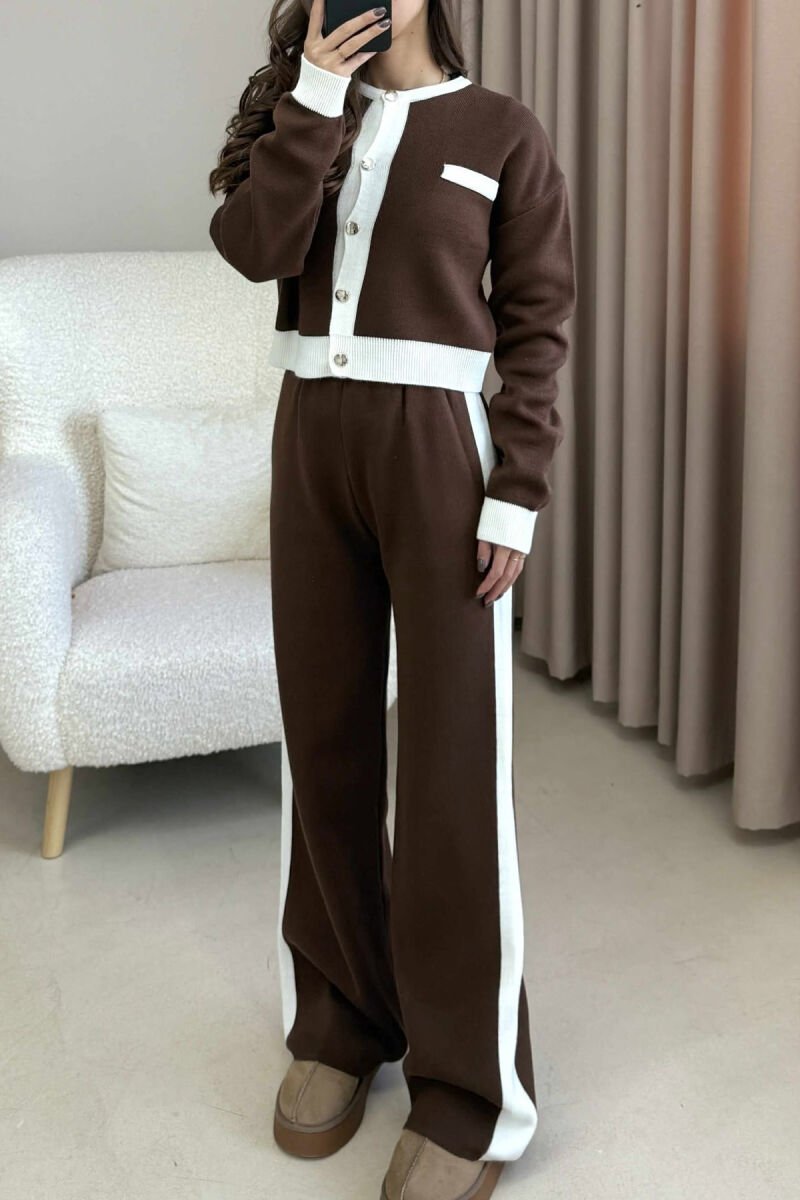 KNITTED BUTTONED CARDIGAN+TROUSERS WOMEN SET BROWN/KAFE - 4