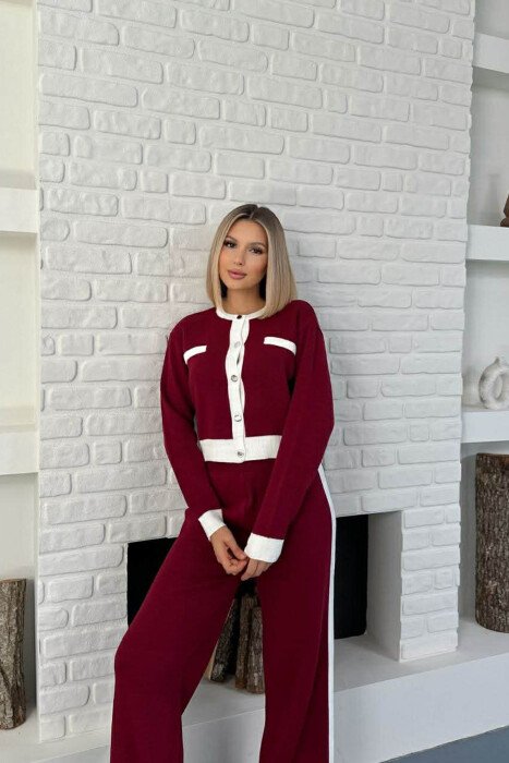 KNITTED BUTTONED CARDIGAN+TROUSERS WOMEN SET BURGUNDY/VISHNJE - 1