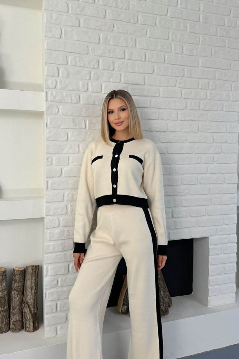 KNITTED BUTTONED CARDIGAN+TROUSERS WOMEN SET CREAM/KREM - 3
