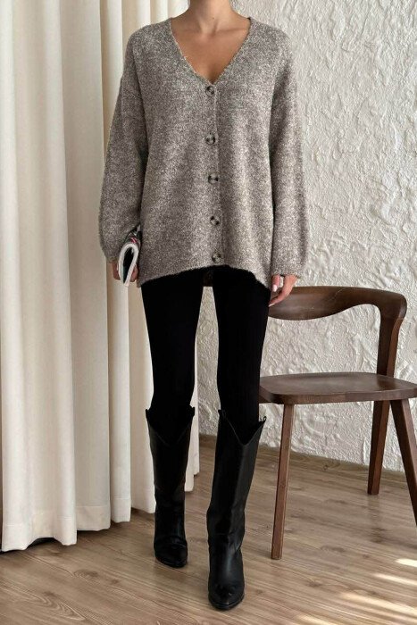 KNITTED BUTTONED SIMPLE WOMEN CARDIGAN BROWN/KAFE - 1