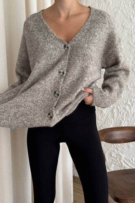KNITTED BUTTONED SIMPLE WOMEN CARDIGAN BROWN/KAFE - 2