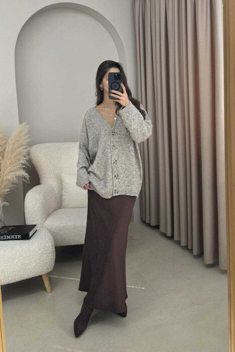 KNITTED BUTTONED SIMPLE WOMEN CARDIGAN GREY/GRI 