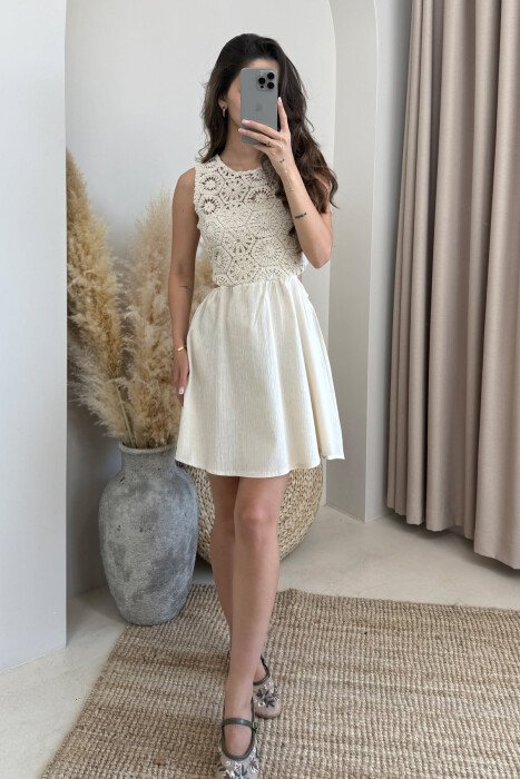 KNITTED CHEST WOMEN DRESS CREAM/KREM - KLAUDIO FASHION