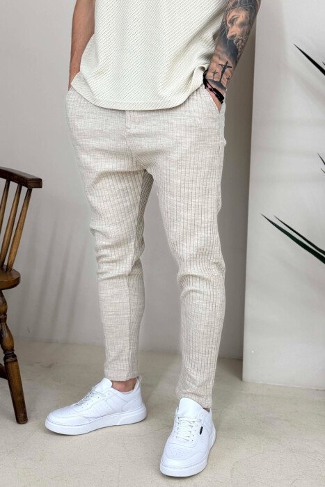 KNITTED DESIGN LACING ONE COLOR MEN PANTS BEIGE/BEZHE - 2