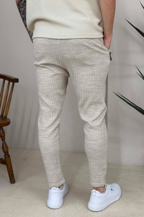 KNITTED DESIGN LACING ONE COLOR MEN PANTS BEIGE/BEZHE - 3