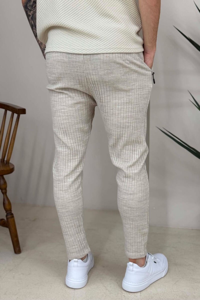 KNITTED DESIGN LACING ONE COLOR MEN PANTS BEIGE/BEZHE - 3