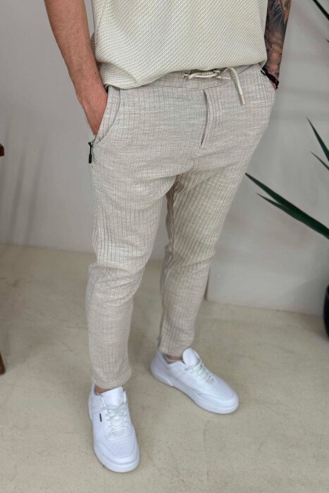 KNITTED DESIGN LACING ONE COLOR MEN PANTS BEIGE/BEZHE - 4