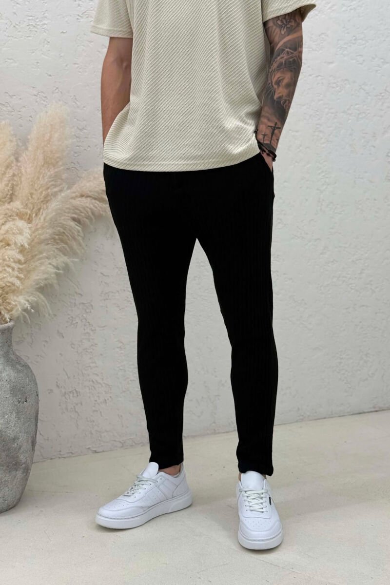 KNITTED DESIGN LACING ONE COLOR MEN PANTS BLACK/ E ZEZE - 2