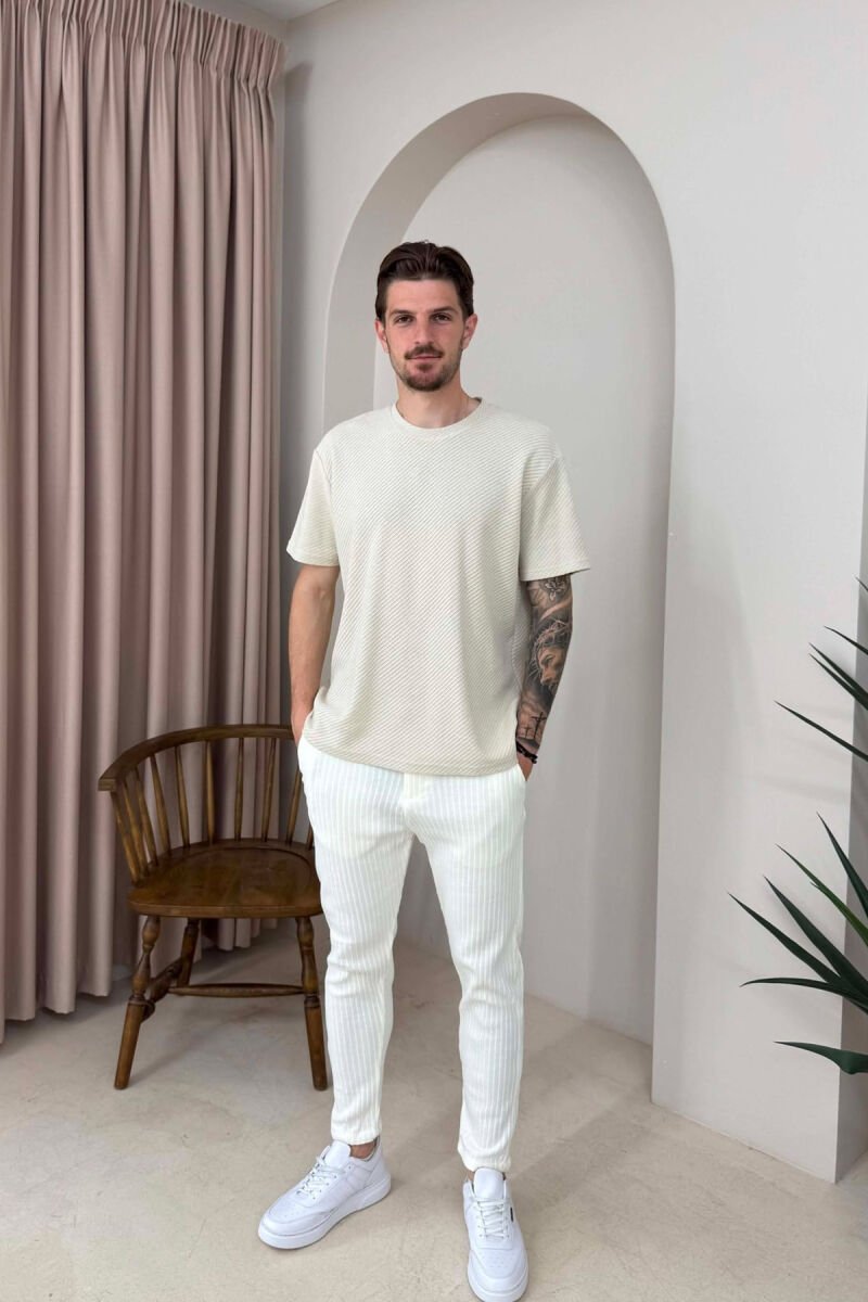KNITTED DESIGN LACING ONE COLOR MEN PANTS WHITE-E BARDHE - 1