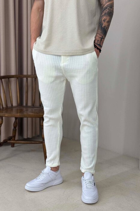 KNITTED DESIGN LACING ONE COLOR MEN PANTS WHITE-E BARDHE - 2