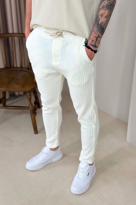 KNITTED DESIGN LACING ONE COLOR MEN PANTS WHITE-E BARDHE - 4