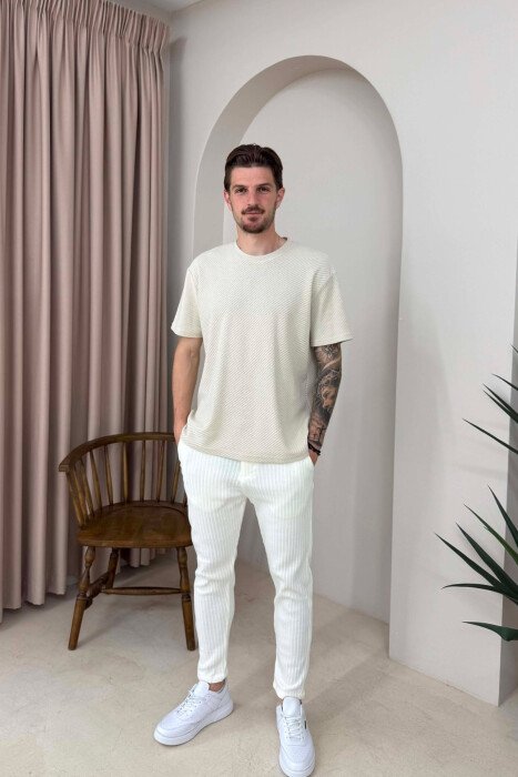 KNITTED DESIGN LACING ONE COLOR MEN PANTS WHITE-E BARDHE - KLAUDIO FASHION