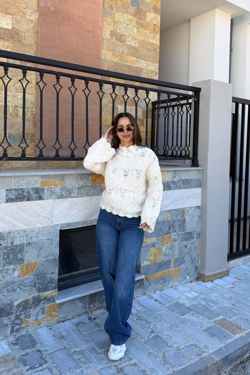 KNITTED DESIGN ONE COLOR WOMEN SWEATER CREAM/KREM - 3