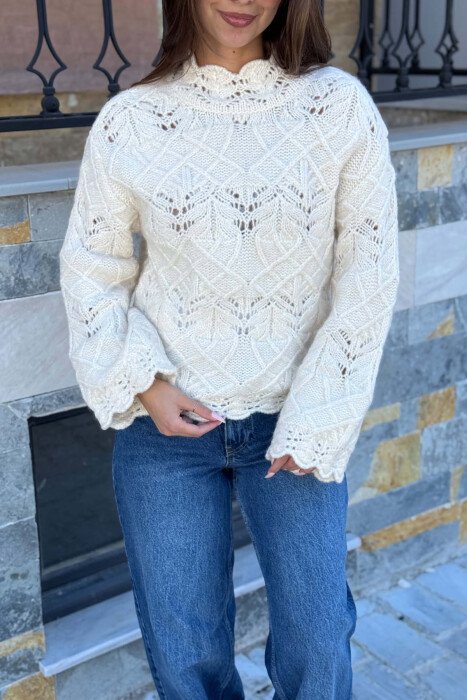 KNITTED DESIGN ONE COLOR WOMEN SWEATER CREAM/KREM - 5