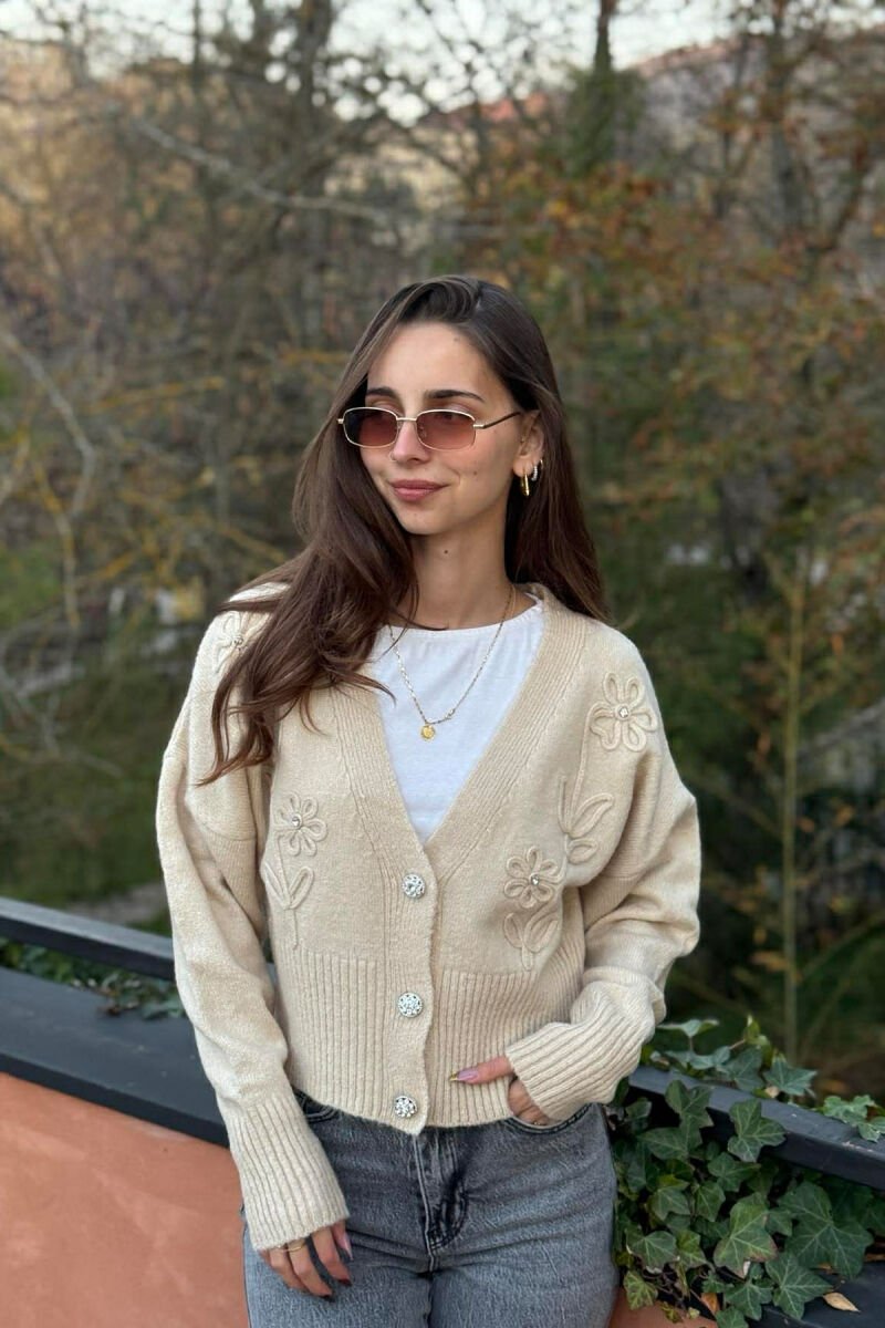 KNITTED FLOWER DESIGN WOMEN CARDIGAN CREAM/KREM - 1