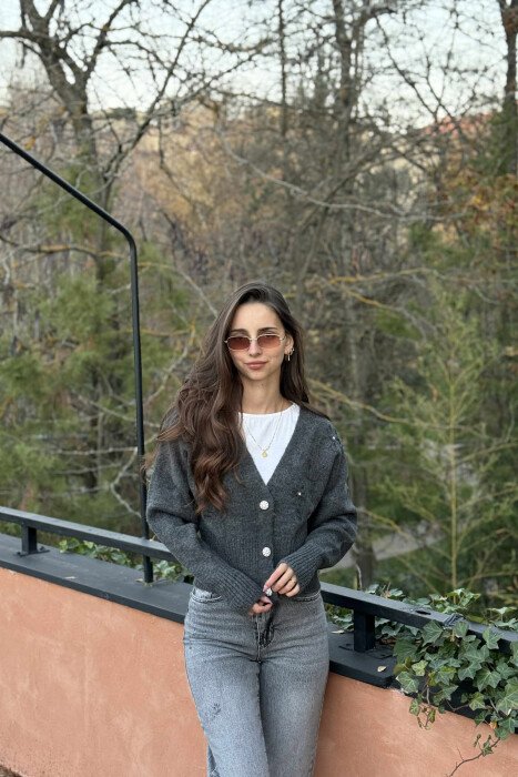 KNITTED FLOWER DESIGN WOMEN CARDIGAN DARK GREY/GEE - 2