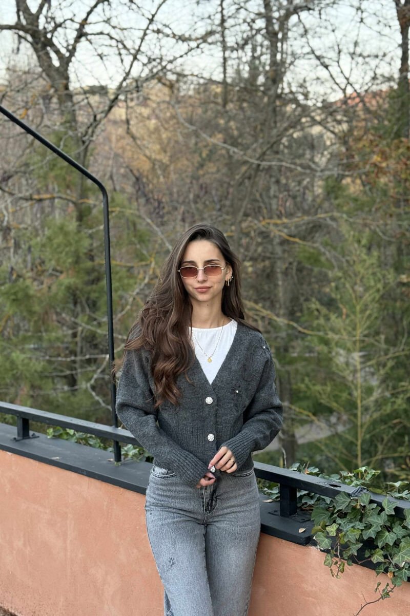 KNITTED FLOWER DESIGN WOMEN CARDIGAN DARK GREY/GEE - 2