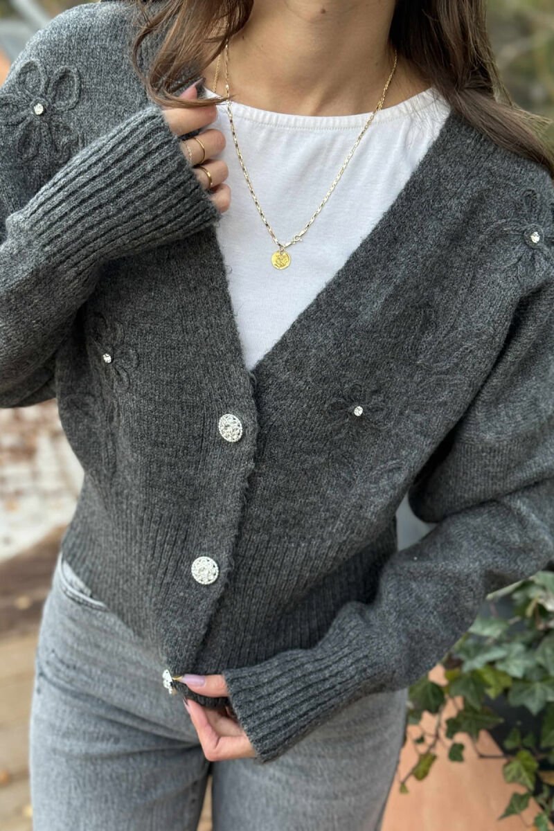 KNITTED FLOWER DESIGN WOMEN CARDIGAN DARK GREY/GEE - 3
