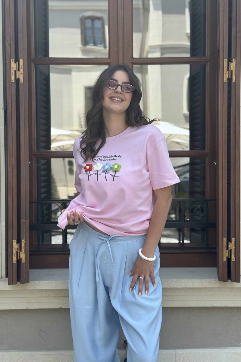KNITTED FLOWERS ONE COLOR ROUND NECK WOMEN T-SHIRT PINK/ROZE - 4