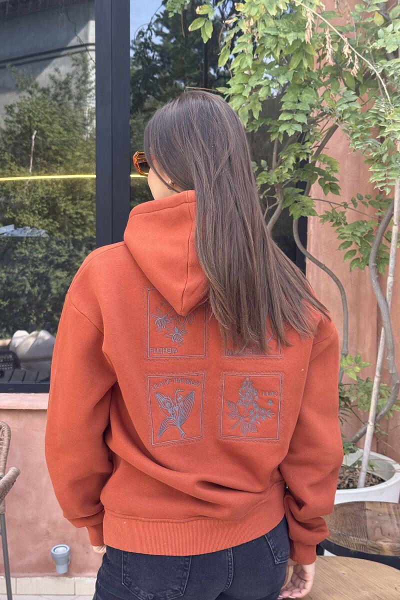 KNITTED FRONT FLOWER DESIGN FLUFFY WOMEN HOODIE BRICK/TULLE - 3