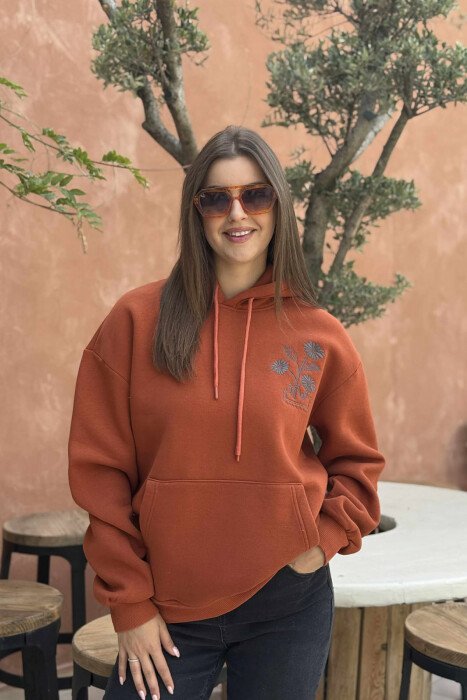 KNITTED FRONT FLOWER DESIGN FLUFFY WOMEN HOODIE BRICK/TULLE - 2