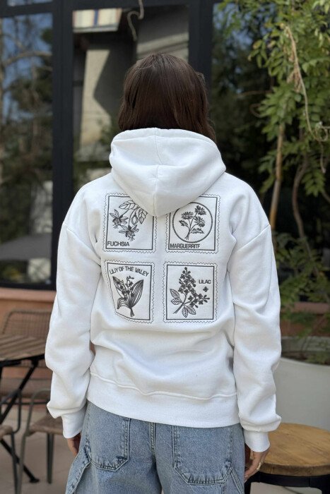 KNITTED FRONT FLOWER DESIGN FLUFFY WOMEN HOODIE WHITE-E BARDHE - 4