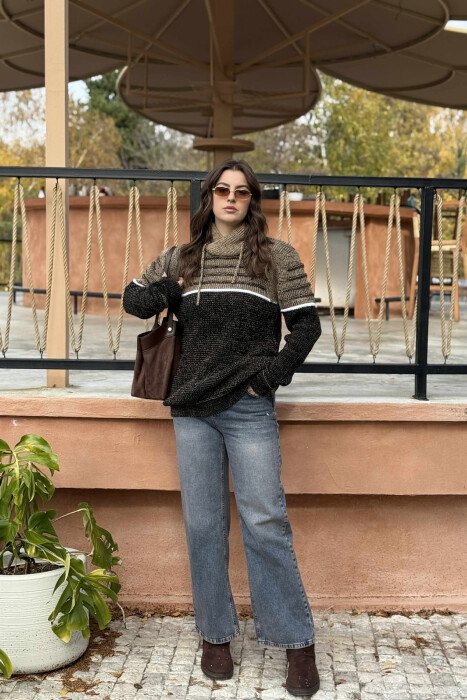 KNITTED HIGH NECK LACING WOMEN SWEATER BEIGE/BEZHE - KLAUDIO FASHION