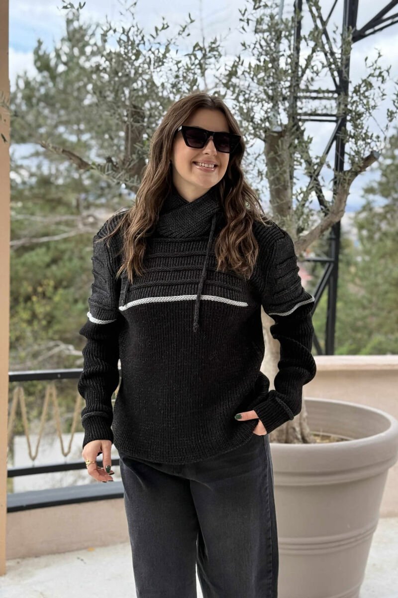 KNITTED HIGH NECK LACING WOMEN SWEATER BLACK/ E ZEZE - 3
