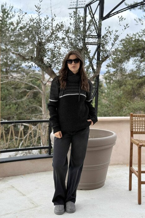 KNITTED HIGH NECK LACING WOMEN SWEATER BLACK/ E ZEZE - KLAUDIO FASHION