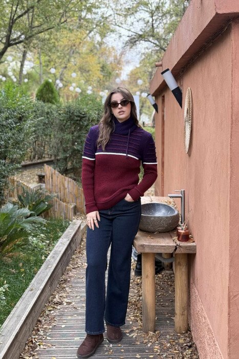 KNITTED HIGH NECK LACING WOMEN SWEATER BURGUNDY/VISHNJE - 1