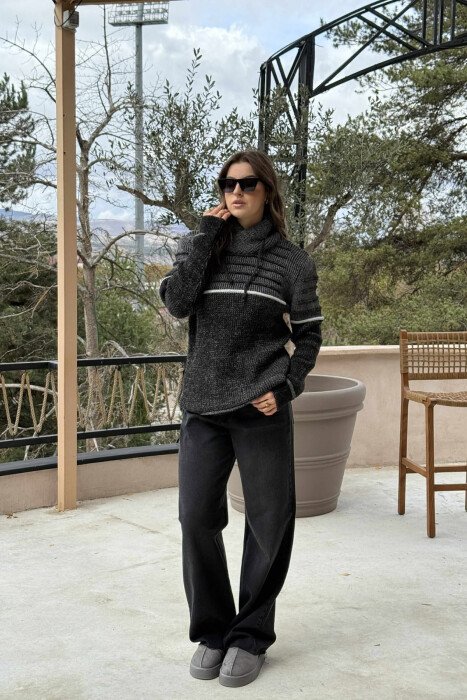 KNITTED HIGH NECK LACING WOMEN SWEATER DARK GREY/GEE - KLAUDIO FASHION
