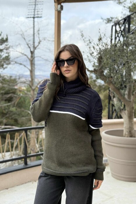 KNITTED HIGH NECK LACING WOMEN SWEATER GREEN/JESHILE - 2